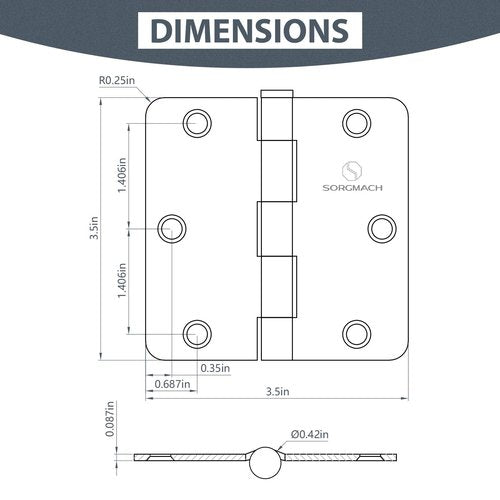 SORGMACH Door Hinges 3 1/2 Inch Matte Black 3.5 Inch Interior Hinges 1/4" Radius Iron Hinge 3 ½"x 3 ½" Door Hardware - 18 Pack