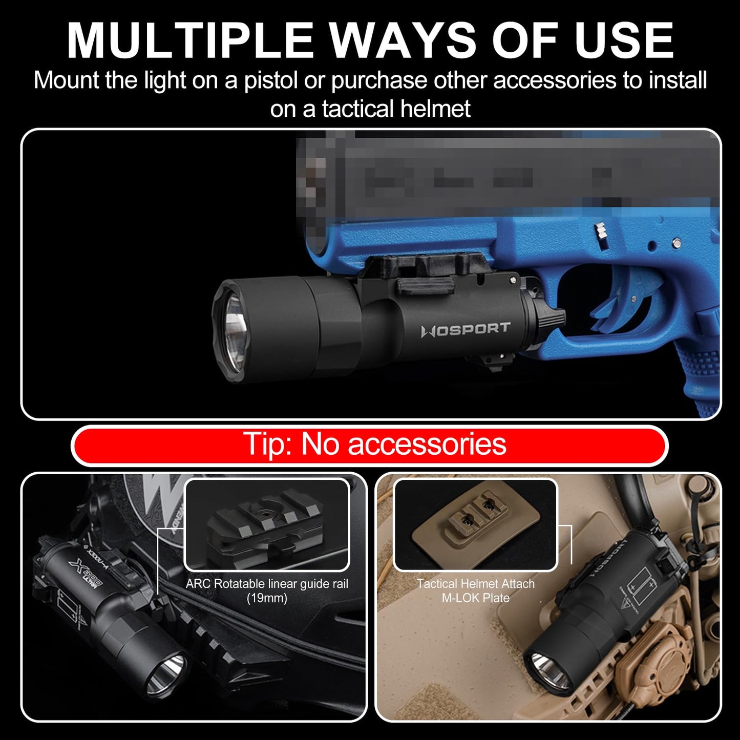 Zhongren X300-A Universal LED Tactical Flashlight 800-Lumen with Replaceable Slot Mount for Pistol and WeaponLight or Helmet ARC Rail (Black)