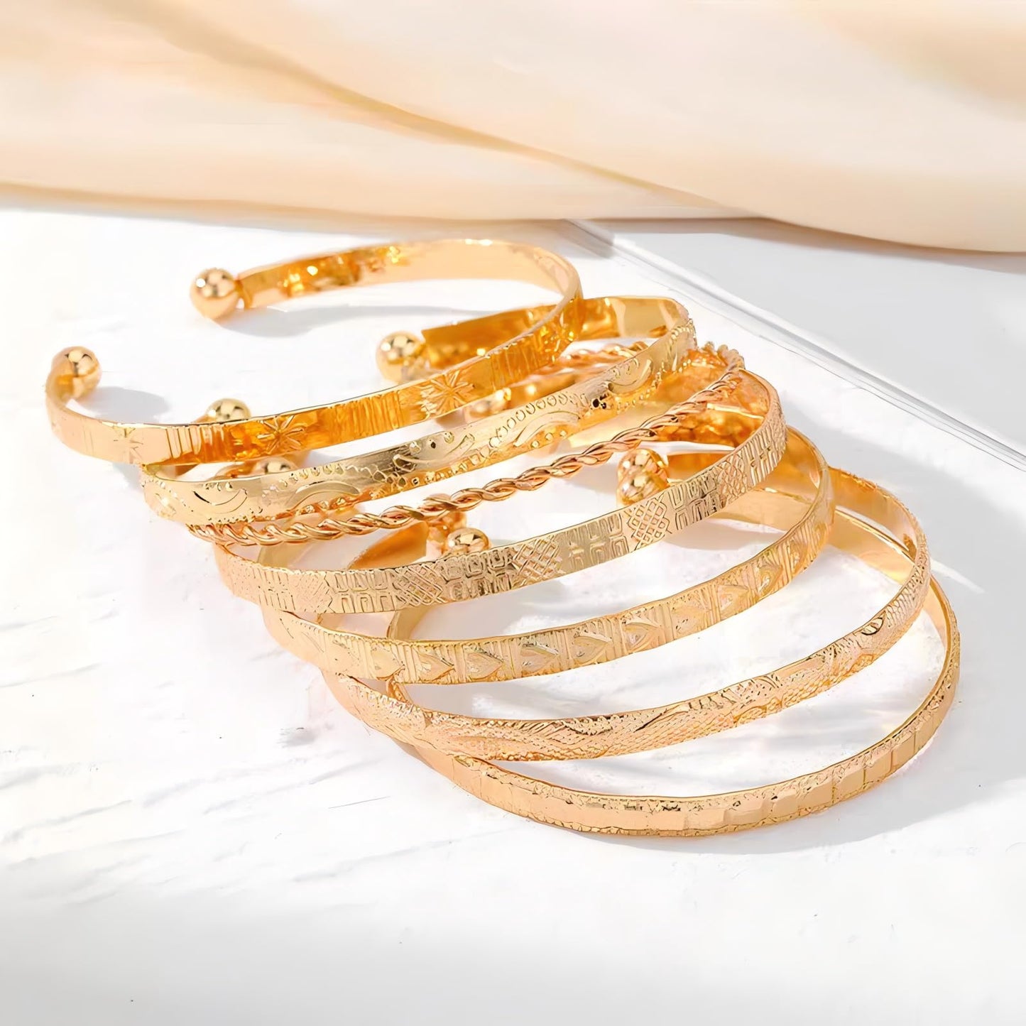Gold Bangle Bracelet, 7 Pcs Gold Plated Dainty Layered Chain, 14K Layer Stackable Cuff Bracelet Set for Women (Gold)