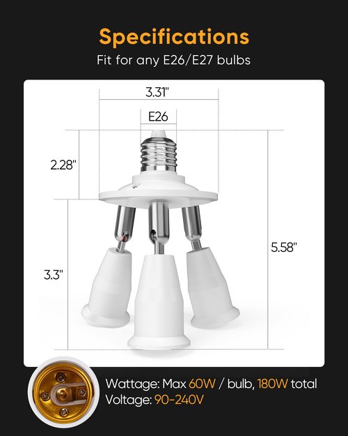 JACKYLED 3 in 1 E26 Light Socket Splitter Adapter Converter for Standard LED Bulbs 360 Degree Adjustable 180 Degree Bendable Max Watt 180w