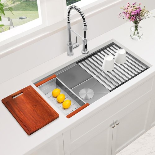 MONSINTA Undermount Kitchen Sink, 33" x 18" x 10" Single Bowl Workstation Sink, 33 Inch Large and Deep Stainless Steel Handmade Kitchen Sinks with Accessories, 10 Inch Depth