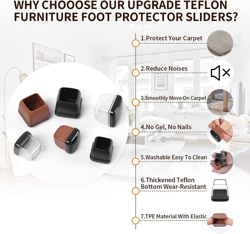 Ezprotekt 24 Pcs Clear Chair Leg Sliders for Carpet, Square Chair Glides for Rug, Teflon Furniture Pads Leg Protectors Caps - for Dining Table, Bar Stool, End Table Legs (L Fit:1" - 1.4")