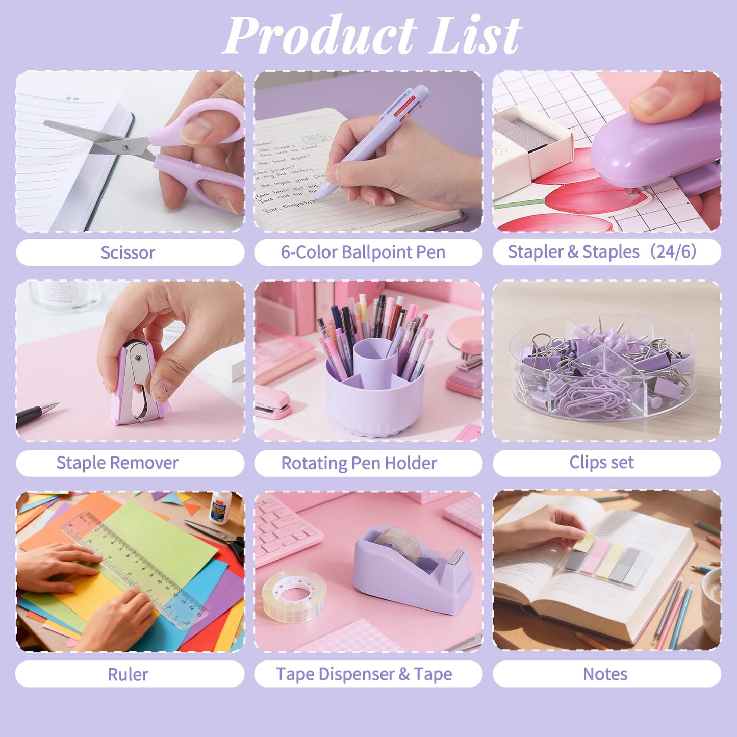 Smloplom Purple Desk Accessories, 11Pcs Desk Organizer with 360°Rotating Pen Holder, Stapler, Staples, Staple Remover, Pen, Ruler, Tape Dispenser, Tape, Clips, Scissor, Notes, Office Supplies