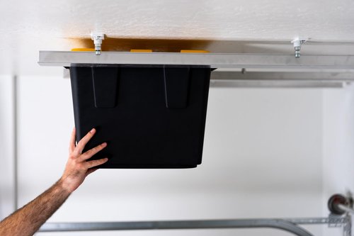 DURA-LIFT Elevate Overhead Slide Bin Gargage Storage System, Holds Up to 6 Totes with Adjustable Heavy Duty Aluminum Rails For Organization - 270 LBS Weight Capacity