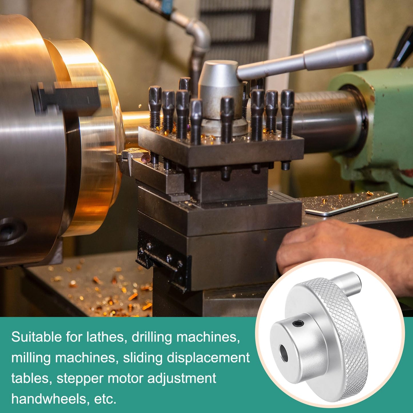 HARFINGTON Aluminum Alloy Handwheel 50mm OD 6mm Bore Lathe Hand Wheel with Rotate Handle Aluminum Milling Machine Handle with Wrench and 2pcs Screws for Milling Machine Lathe, Silver Tone