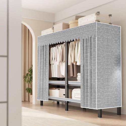 FPIGSHS Heavy Duty Clothes Rack with Cover Foldable Covered Clothes Rack for Hanging Clothes portable Wardrobe Closet System Freestanding Coat Storage Garment Racks for bedroom (grey, 95in)