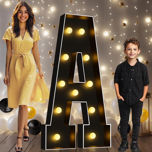 Pooqla 4 FT Marquee Light Up Letters, Giant Sign Black Marquee Letter Lights, 4 Feet Tall Big Mosaic Letters for Balloons Birthday Party Anniversary Wedding Decorations, Warm White A
