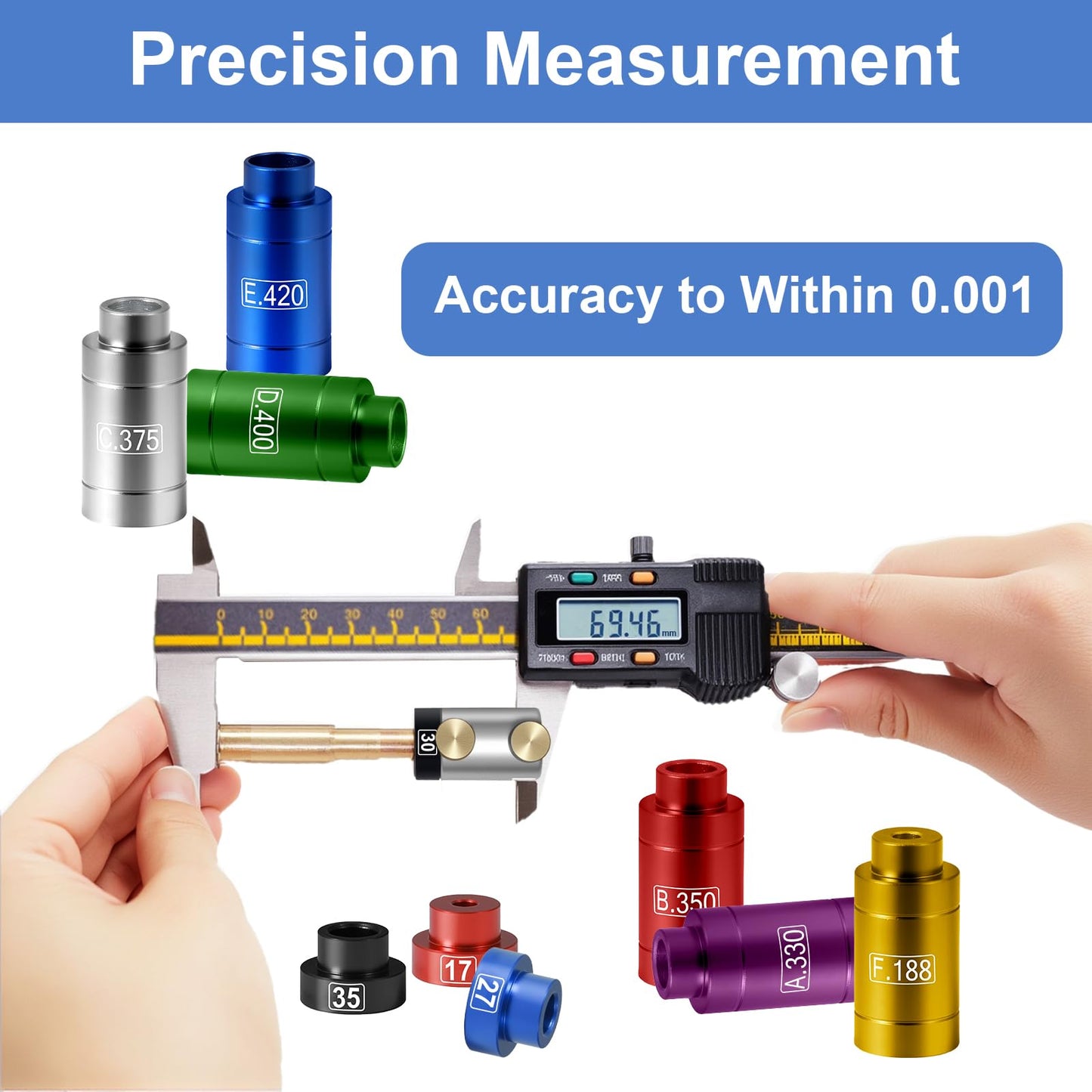 Hexola Bullet and Headspace Gauge Comparator Kit with 14 Inserts & 6 Bushings, Headspace Comparator Kit for .17 to .45 Caliber, Reloading Supplies and Equipment and Reloading Tool with Tin Case
