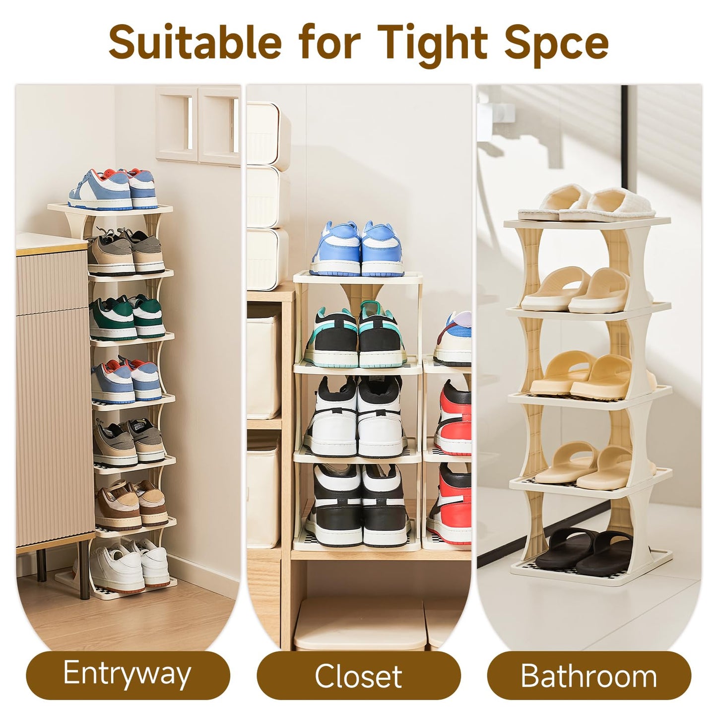 Vertical Shoe Rack 6 Tier Adjustable Shoe Organizer Small Shoe Shelf for Closet, Narrow Entryway, or Bedroom Easy to Assemble and Disassemble Holds Up to 7 Pairs of Shoes (White)
