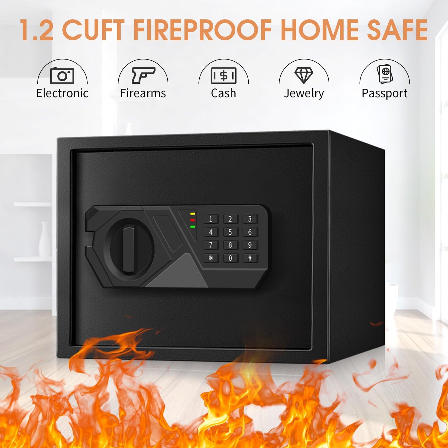 1.2 Cub Small Fireproof Safes for Home Use, Digital Home Safe Fireproof Waterproof with Programmable Keypad, Spare Keys and Removable Shelf, Fire Safe Box for Money Medicines Valuables