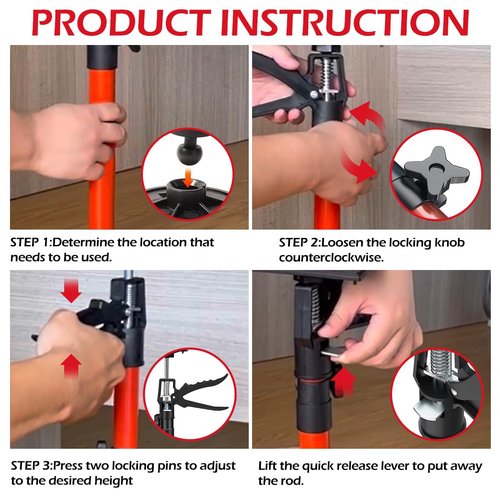 2Pack Adjustable Support Pole (Retractable from 12" to 24"), Cabinet Jacks for Installing Cabinets, Steel 3rd Hand Support System, Support Rod for Jacks Cargo Bars Drywalls, Supports up to 180 lbs