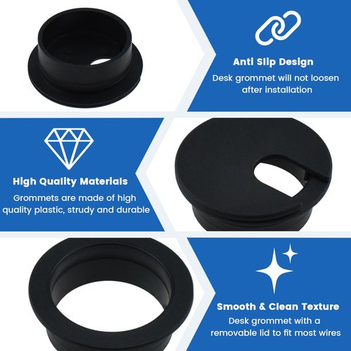 SDTC Tech 3-Pack 1 inch Desk Hole Wire Grommet Black Plastic Cable Cord Cover Organizers