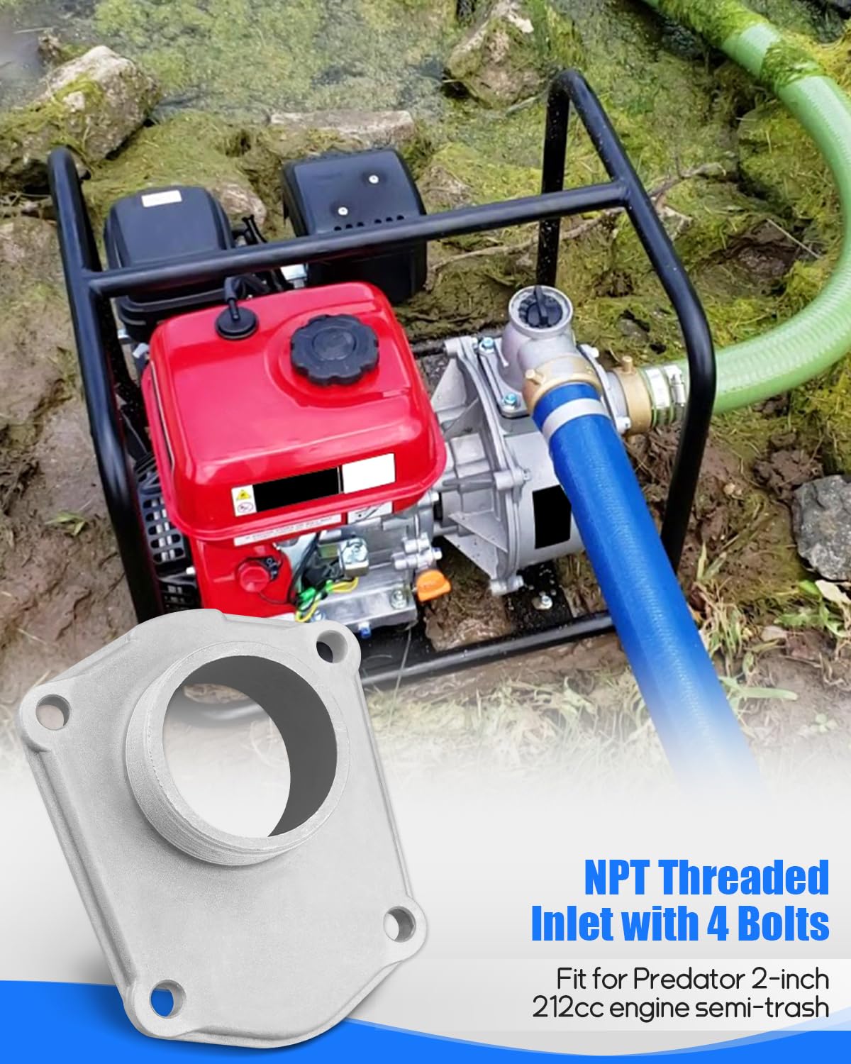 NPT Threaded Inlet Fit for Predator 2 Inch 212cc Engine Semi-Trash Water Pump, Threaded Interface with 4 Bolt Replace 63405 56160