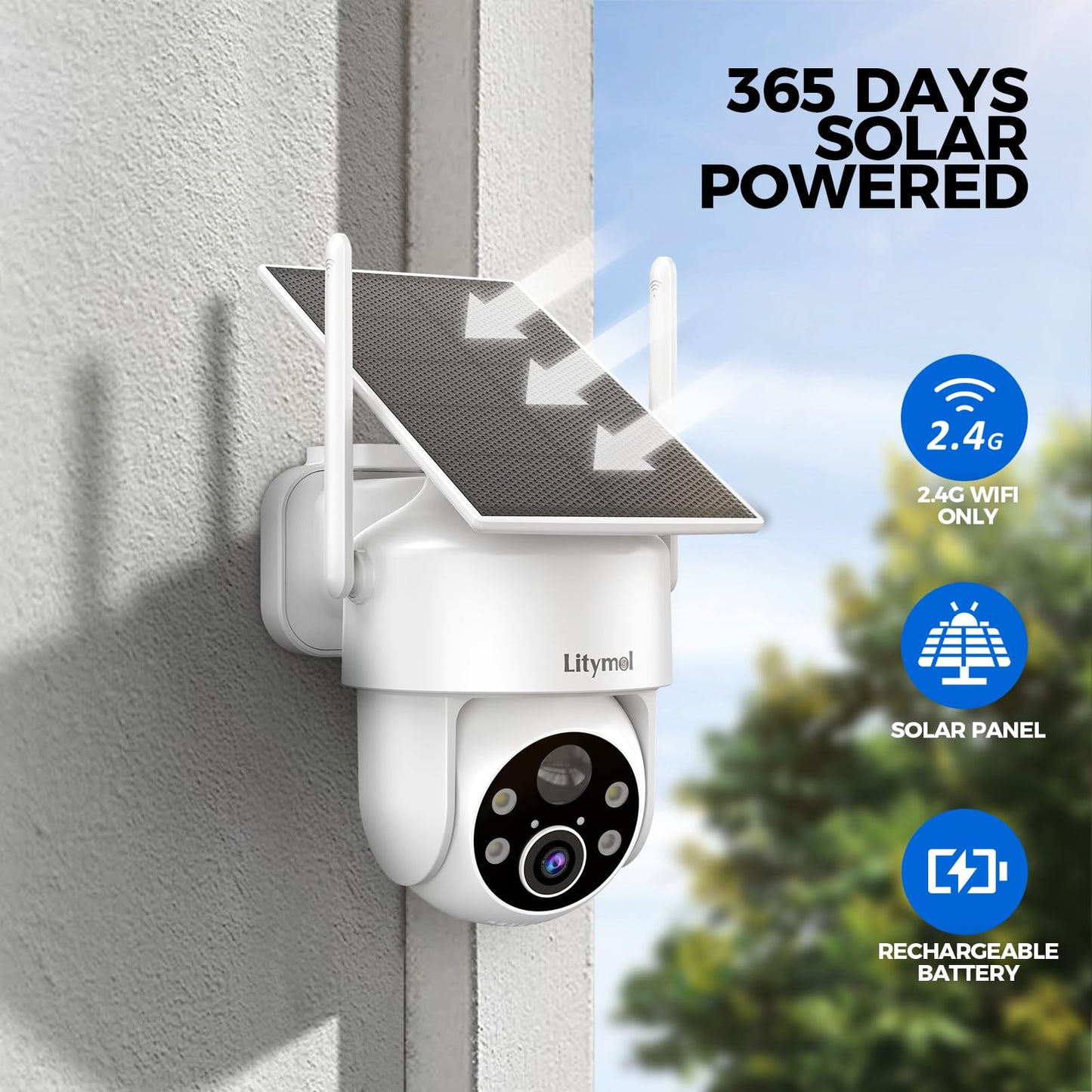 LITYMOL 2K 360° View Security Cameras Wireless Outdoor, Solar Cameras for Home Security, Color/IR Illumination Night Vision, AI Detection, 2-Way Audio, Siren Alarm, SD/Cloud Storage, 2.4g WiFi