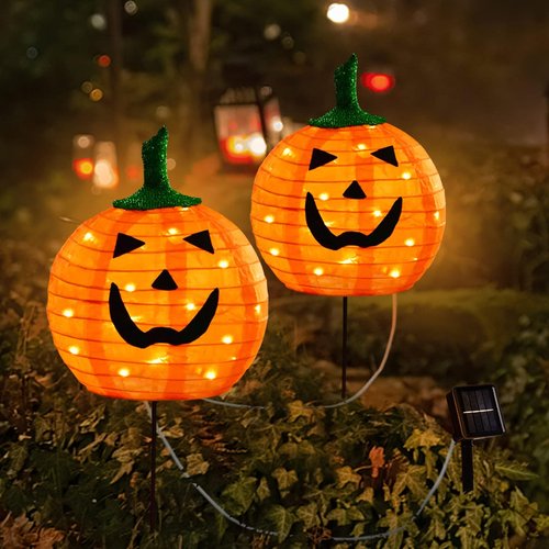 DAYLIGHTIR Solar Halloween Pumpkin LED Lights, Set of 2 Big Pumpkin Stake Lights 2 Modes for Outdoor Halloween Pathway Yard Garden Decoration (Warm White-Pumpkin, 2 Pack)