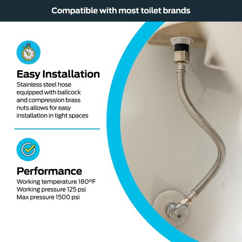 Eastman 12 Inch Flexible Toilet Connector, 7/8 Inch Ballcock x 3/8 Inch Compression, Stainless Steel Braided Hose, 48088