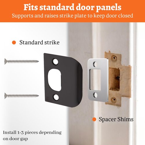 1 Pack Door Strike Shim Plates, Deadbolt Restorer Strike Plates Stainless Steel Standard Size Spacer 3pcs Latch Restorer Strikes Plate with 3pcs Wood Dowel Strip and 4 pcs Screws for Home Office Door
