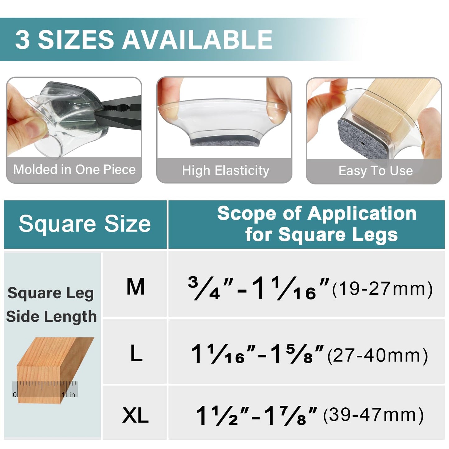 Ansible 24 Pcs Chair Leg Floor Protectors Square, Silicone Felt Furniture Leg Pads Caps Covers for Hardwood Floors (Fit:1-1/2" to 1-7/8")