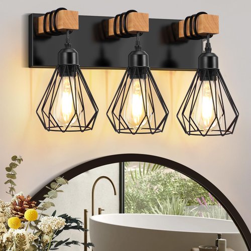 IZORRO Farmhouse Bathroom Vanity Light Fixtures, 3-Light Wood Bathroom Lighting Fixtures Over Mirror, Black Rustic Industrial Sconces Wall Lights with Metal Lampshade for Living Room, Bedroom