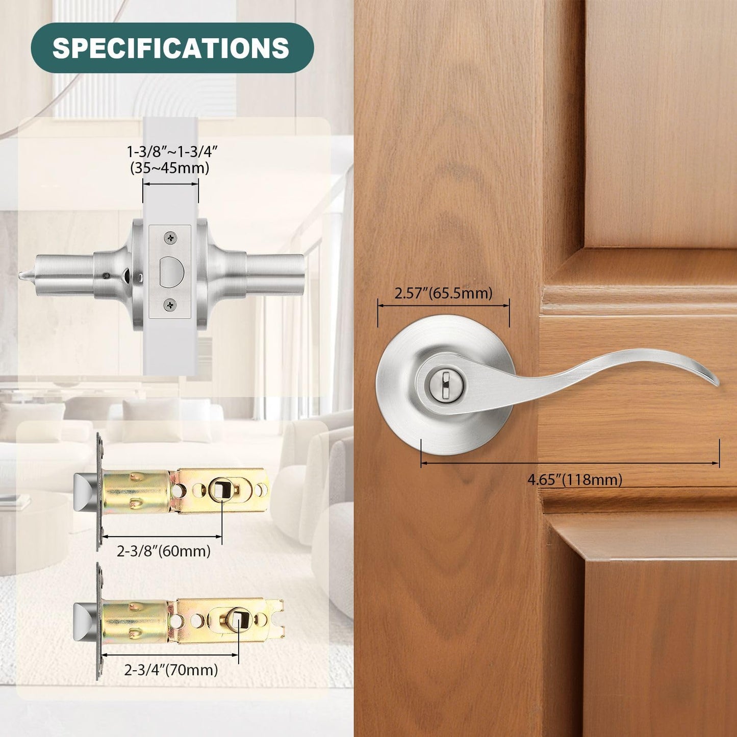 GOBEKOR 10 Pack Privacy Door Levers Bedroom Door Handle with Lock Satin Nickel Interior Door Handles Keyless Door Lock Wave Bed/Bath Lever