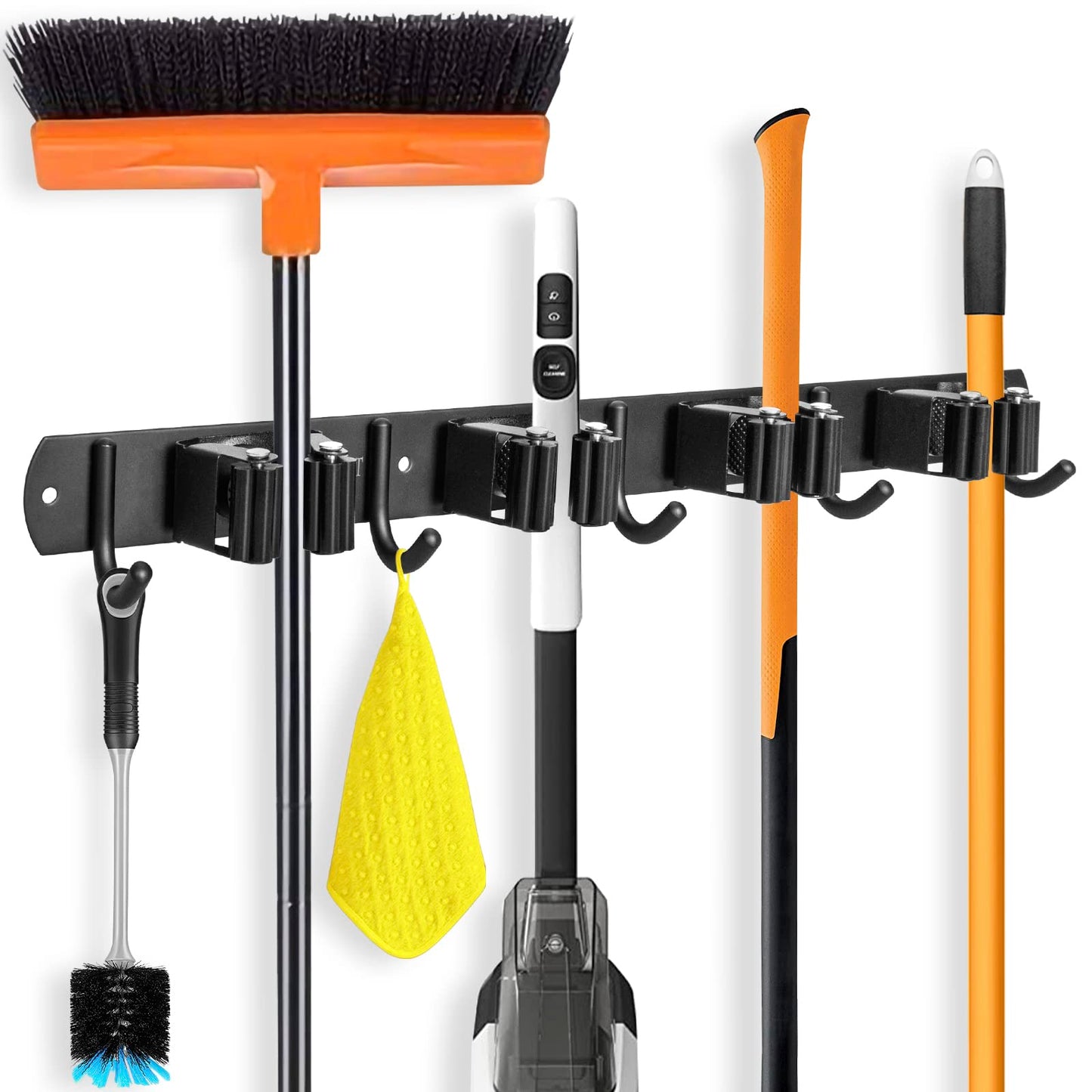 IMILLET Broom and Mop Holder Wall Mounted, Stainless Steel Broom Organizer Heavy Duty Tools Organizer Self Adhesive Mop Holder for Home Laundry Room Garage Garden (4 Racks and 5 Hooks)