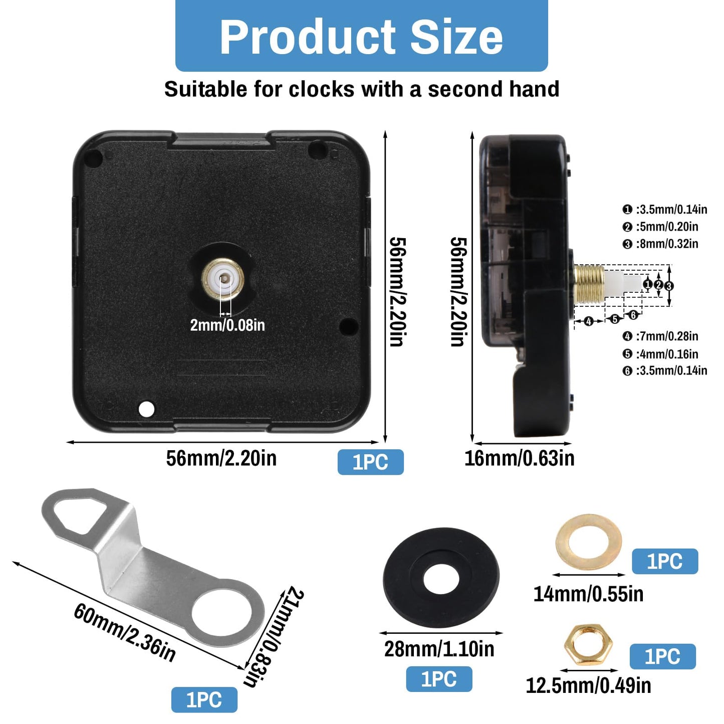 Quartz Clock 12888 Movement Replacement Set, Battery Operated Axis Shaft High Torque Clock Parts Suitable with Thread and Seconds Hand Motor Repair Parts and DIY(Total Shaft Length 14.5mm)