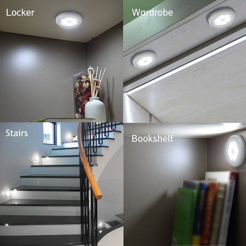 Novelty Place Super Bright LED Motion Sensor Lights - Cordless Battery Powered Built-in Magnets Optional Sticky Pads - Motion Sensing Bathroom Hallway Closet Nightlight - Pack of 3