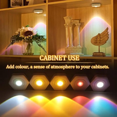 2PCS Hexagonal Under Cabinet Illuminated Night Light - Wireless Battery Powered Dimmable Touch Illuminated Shelf Light for Kitchen Bookcase Bottom (Dazzle Purple)