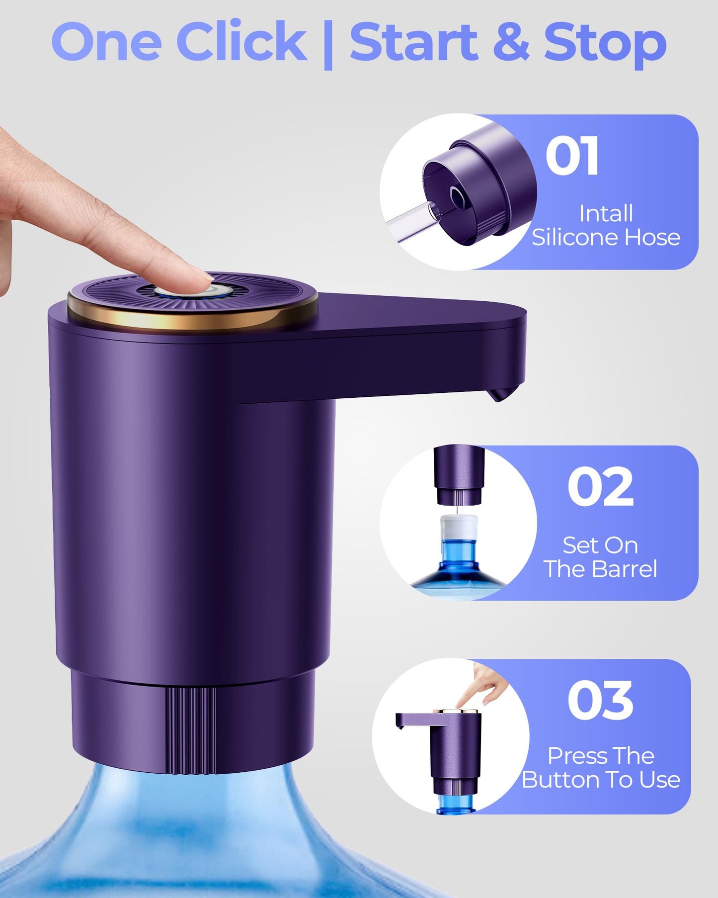 Cozycharm Water Jug Pump for 5 Gallon Bottle – Portable Electric USB-C Charging Dispenser, Dual Powerful Motors, Fast Flow, Fits 2-5 Gallon Jugs – Ideal for Home, Office, Camping, RV, Dark Purple