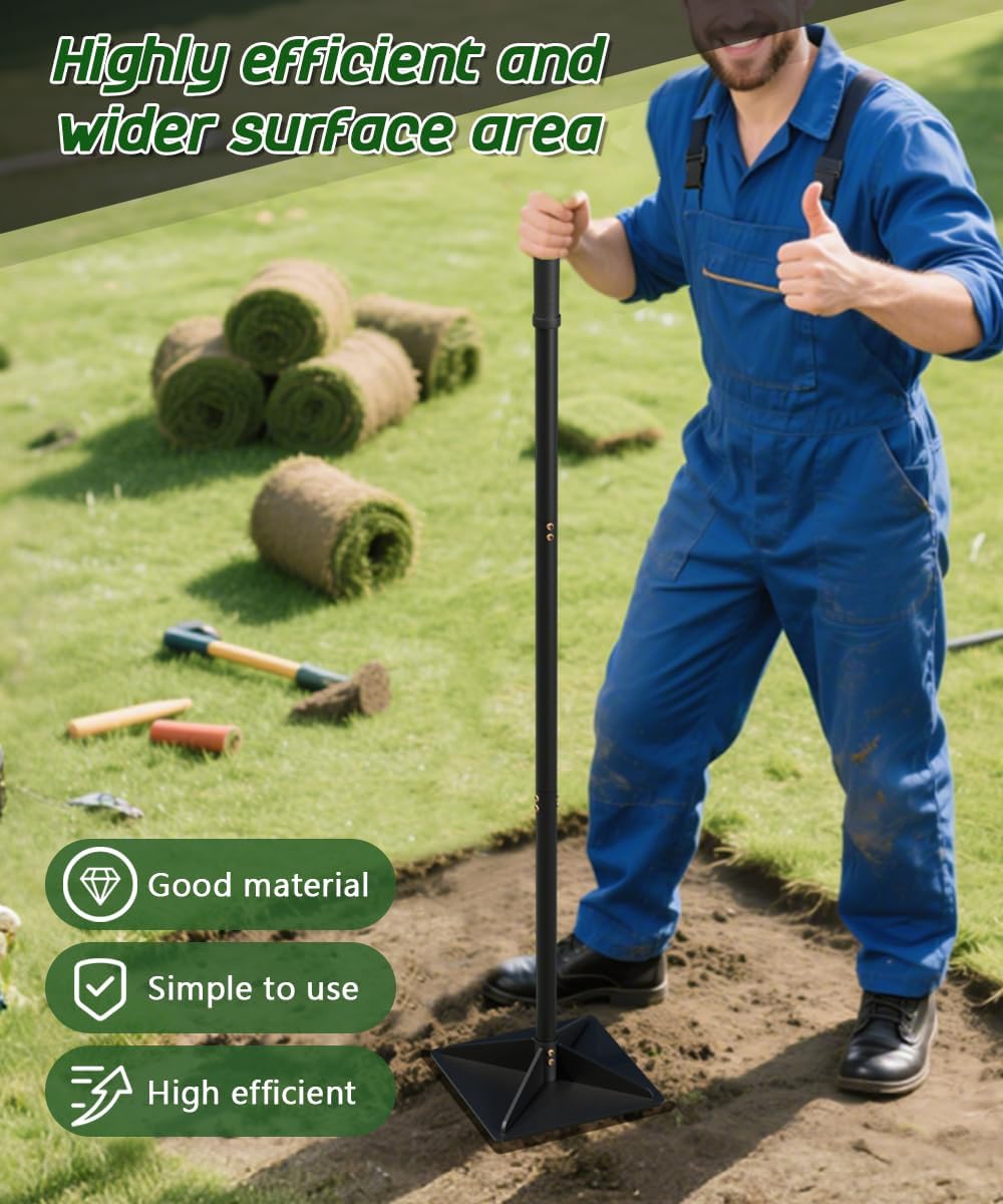 Garden Steel Tamper with 47 inch Adjustable Handle & Rubber Grip, 10" x 10" Heavy Duty Soil Tamper Tool for Ground & Gravel Leveling, Steel Dirt Compactor for Yard, Sand, Asphalt, Driveway