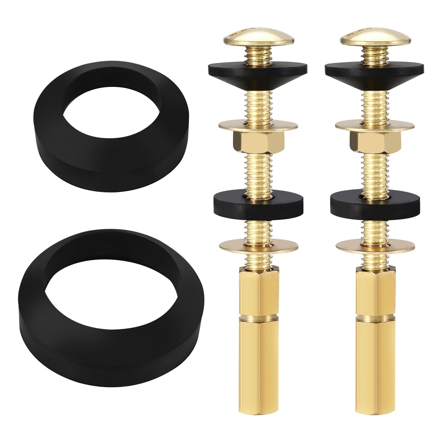 Universal Toilet Tank to Bowl Bolt & Gasket Replacement Kit Tank Repair Kit Includes 2" & 3" Rubber Seal Gaskets, Extra-Long Brass Plated Bolts, Washers, Nuts, Fits Most 2-Piece Toilets