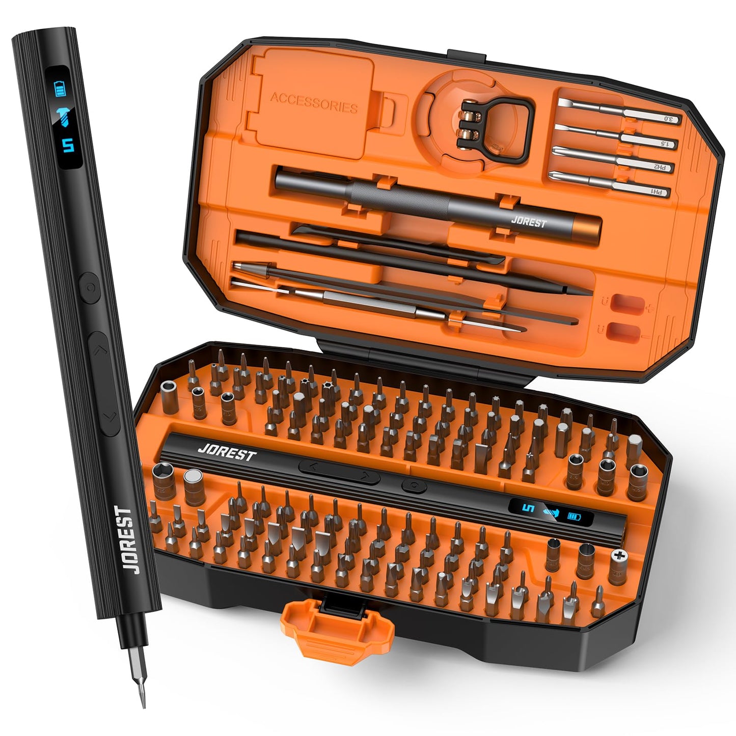 JOREST 155 in 1 Mini Electric Screwdriver Cordless, Precision Power Screwdriver Set, 5 Torque Levels (Max 0.75N.m), Gifts for Men, Magnetic Repair Tool Kit for iPhone, PC, Laptop, PS4 PS5, Xbox, Watch