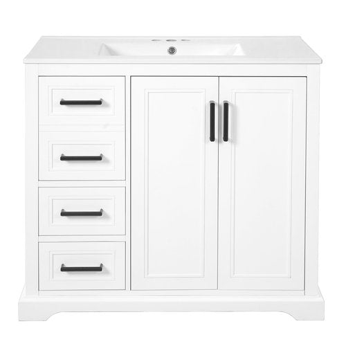 LUMISOL 36" Bathroom Vanity with Sink, Modern White Bathroom Vanity with Left Side 3 Drawers, Soft-Close Doors & Adjustable Shelf, Solid Wood Bathroom Cabinet with Ceramic Sink and Top, White