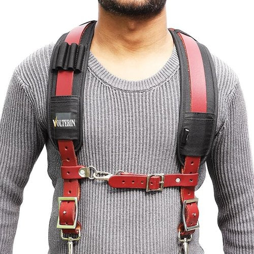 Leather Tool Belt Suspenders for Men – Adjustable Heavy Duty Work Harness with Padded Support for Construction & Electricians (Maroon)