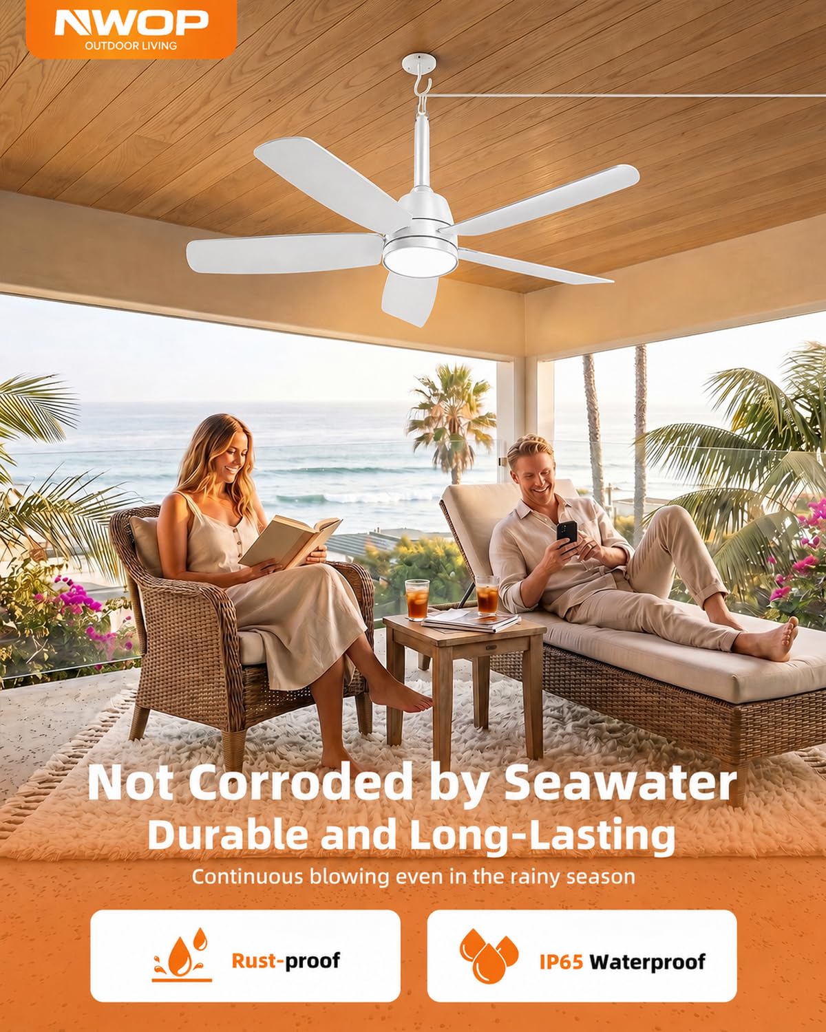 NWOP 28 Inch Plug-In Outdoor Ceiling Fan with Light and Remote, Waterproof Small Ceiling Fan for Patio Porch Balcony, 5 Blades Quiet Compact Ceiling Fan for Small Spaces, White