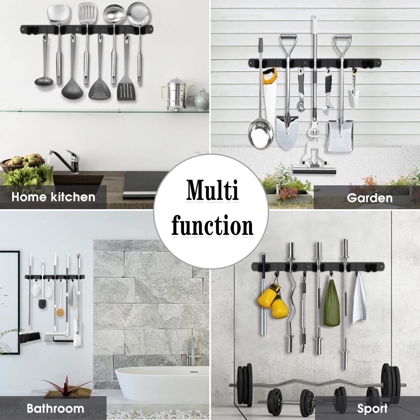 AceMining 2 Pack Black 5 Racks and 4 Hooks Mop and Broom Holder Wall Mount, Broom Organizer Storage Tool Racks Stainless Steel Heavy Duty Hooks Self Adhesive Solid Non-slip for Home Kitchen Garden