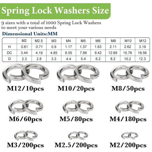 Vifmy Spring Lock Washers Assortment Kit(1000 Pack), M2 M2.5 M3 M4 M5 M6 M8 M10 M12 Metric Split Lock Washer Set,304 Stainless Steel Lock Washers for Screws Bolts