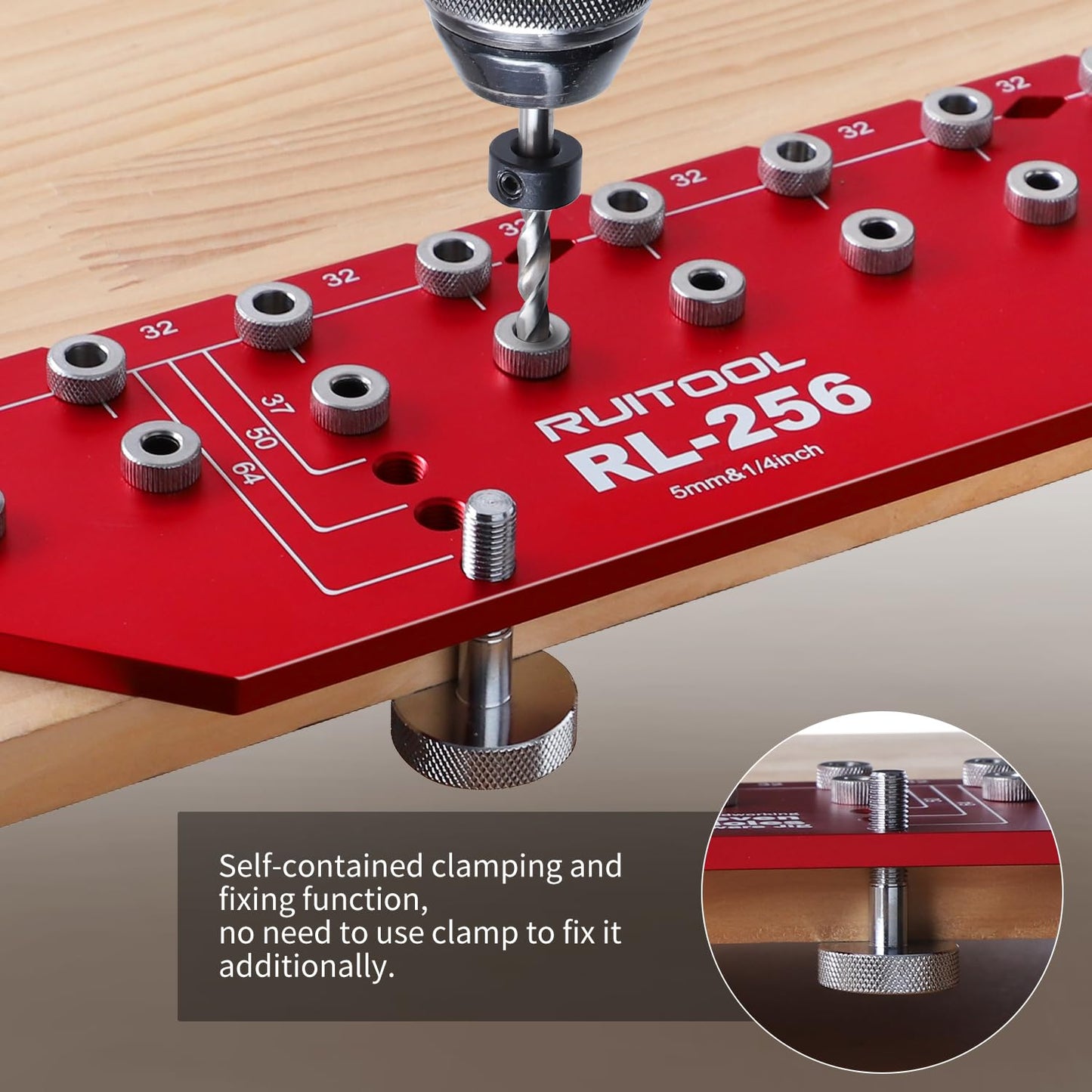 RUITOOL Shelf Pin Jig 11 Holes, Self-contained Clamping Function All Metal Shelf Pin Drilling Jig with 1/4" and 5mm Drill Bit, Shelf Hole Jig and Cabinet Hardware Jig Tool Drill Guide with Storage Bag