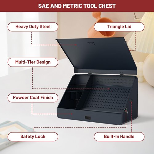 Hymula Portable Weather-Resistant Triangle Steel Toolbox with Lock, 16-Gauge Multi-Tier SAE & Metric Chest, Pull-Out Drawer for Truck, 36.8"W x 17.5"D x 21.6"H