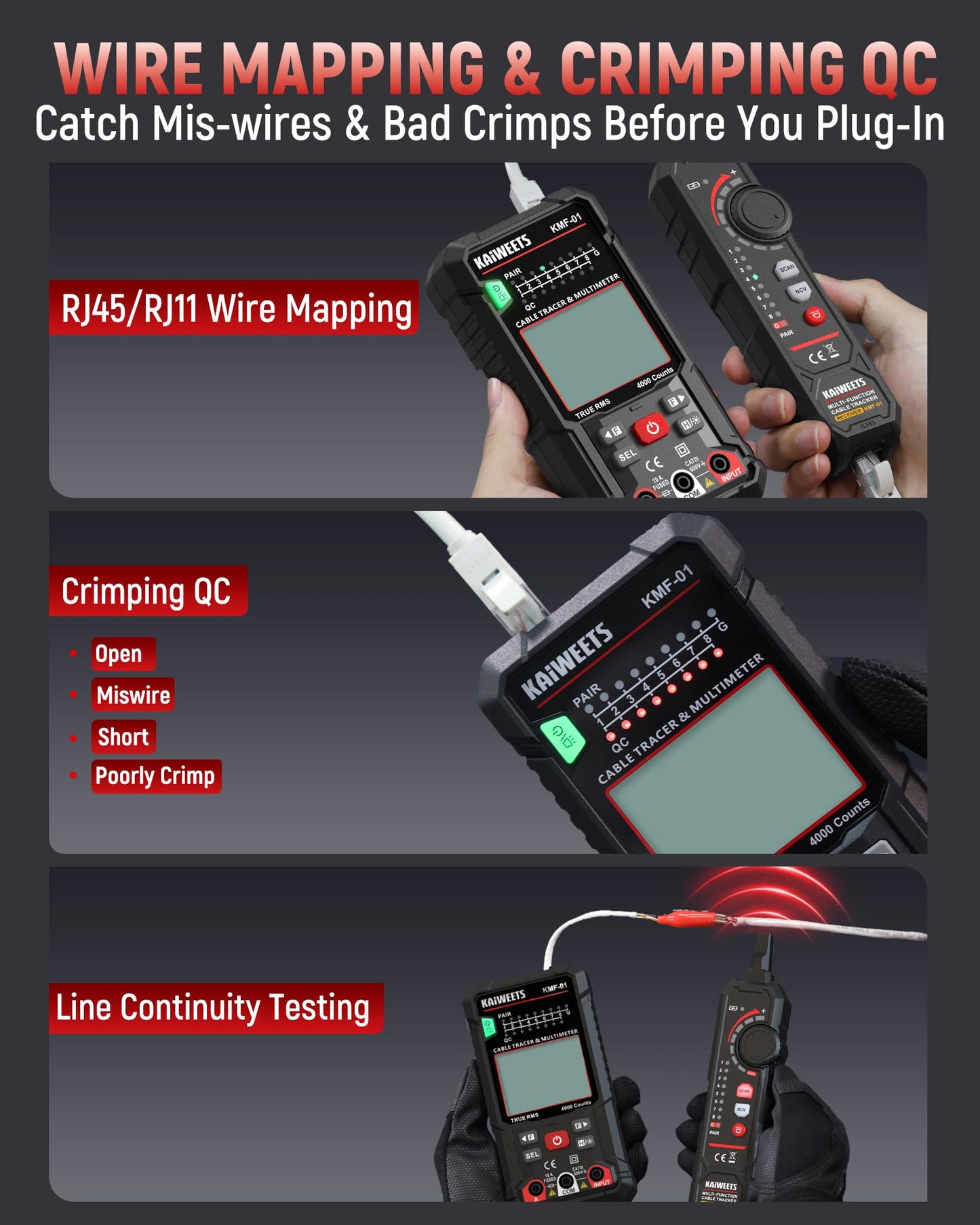 KAIWEETS 3-in-1 Multimeter & Cable Tracer Kit, Auto-Ranging Digital Multimeter with True RMS 4000 Counts, RJ45/RJ11 Wire Tracing & NCV Voltage Detector for Electricians, Home DIY & Auto Repair KMF-01