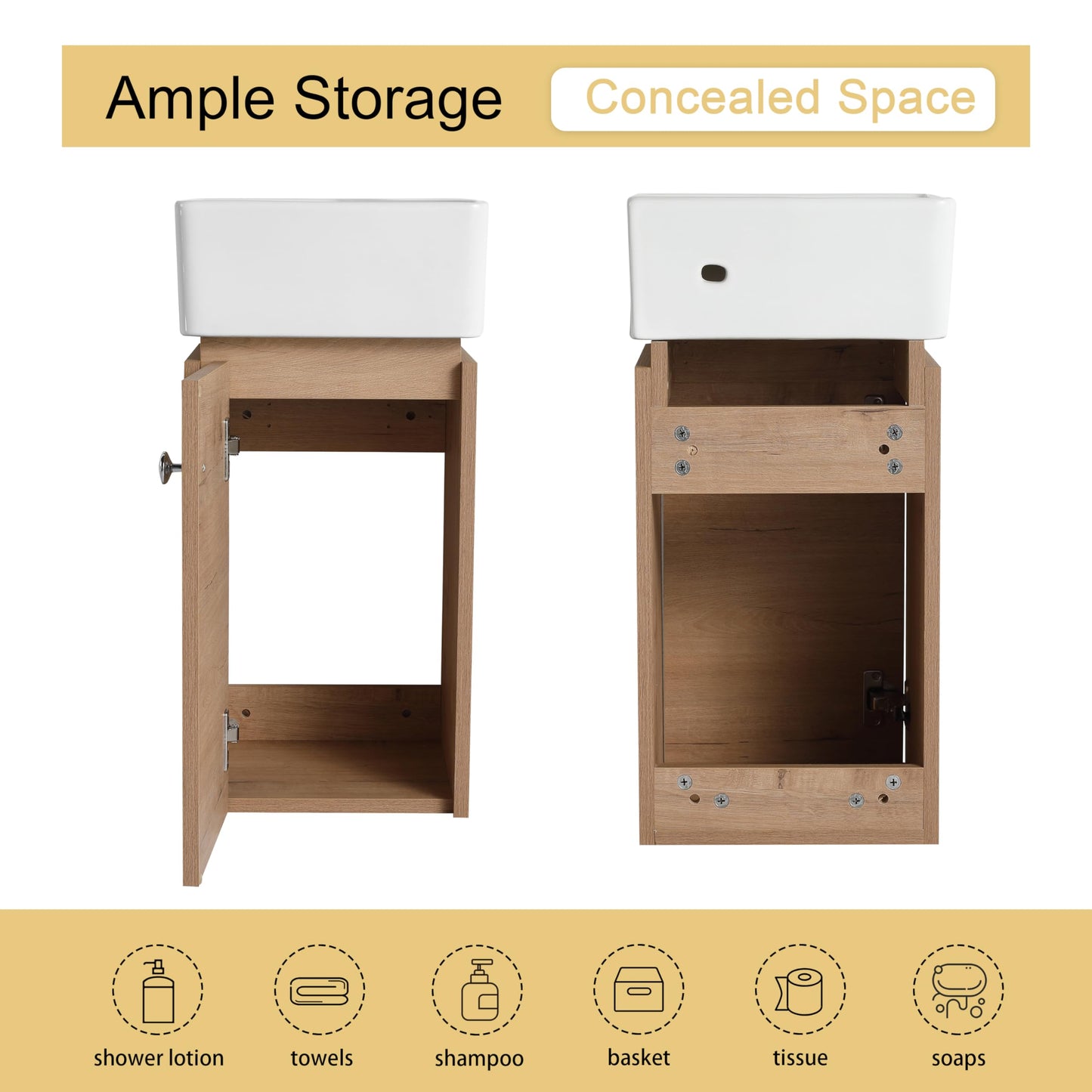 Malwee 12 Inch Wall-Hung Vanity, Corner Vanity, 12'' Floating Bathroom Vanity with Sink, with 1 Door and White Ceramic Basin Sink Top (045-12)