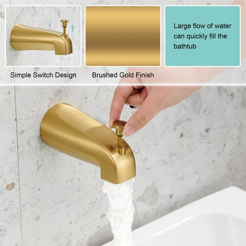 FROPO Tub Spout with Diverter, Slip On Bathtub Spout Fits 1/2'' Copper Tube(5/8'' Dia), Bathroom Tub Faucet with PTFE Tape & Hex Wrench, Brushed Gold