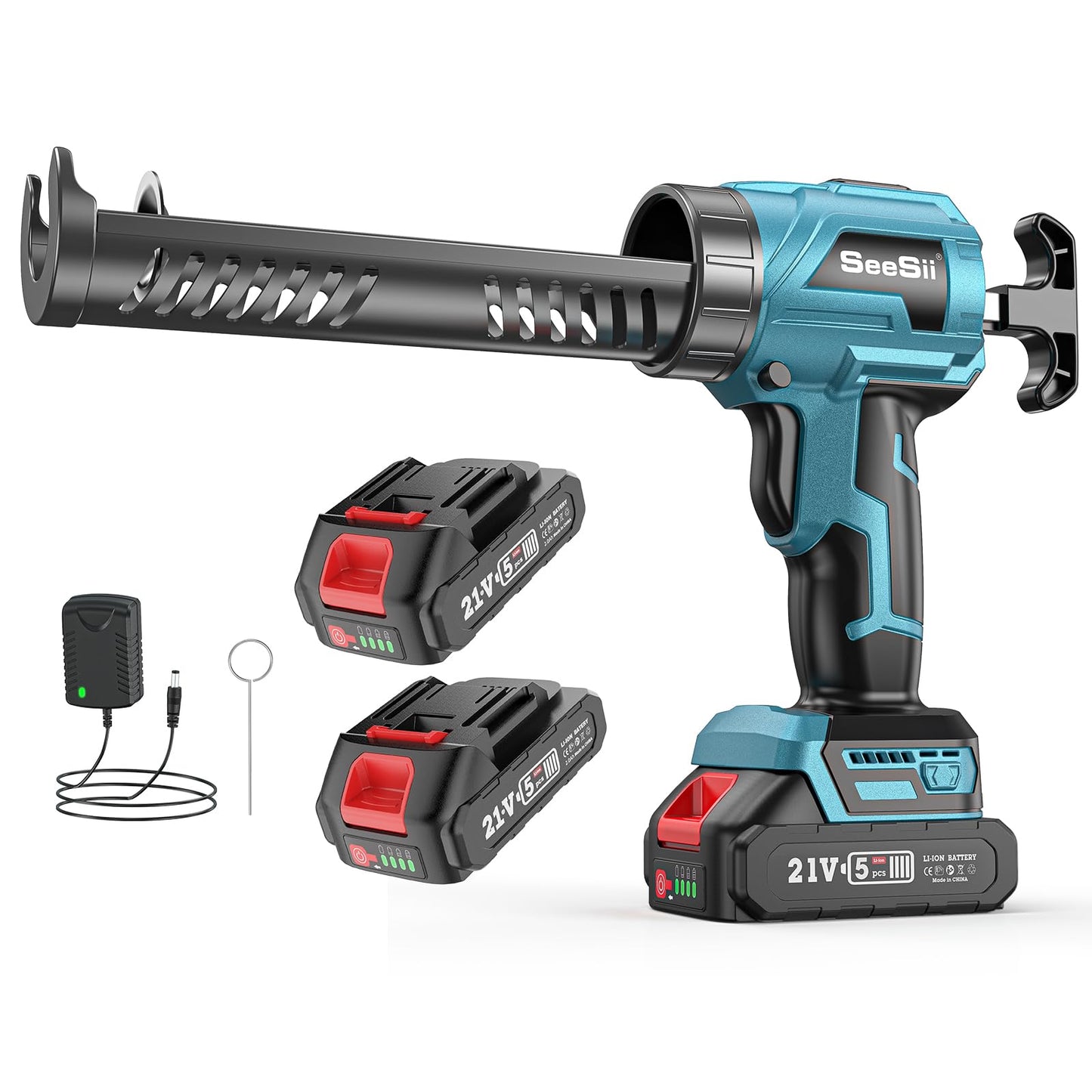 Seesii Cordless Caulking Gun, 2 x 2000mAh Batteries Battery Powered Caulk Gun 21V, 4 Speeds, 10oz/300ml Electric Caulking Gun, Adhesive Gun Kit for Filling, Sealing