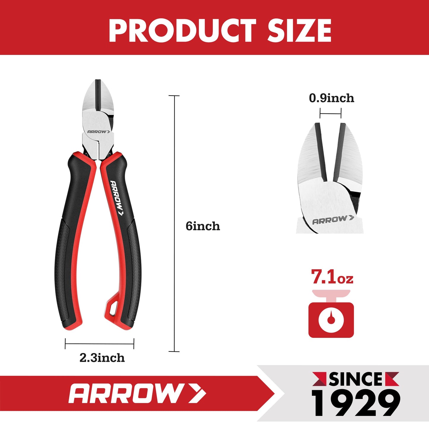ARROW High Leverage Diagonal Pliers, 6 Inch Wire Cutters with Comfortable TPR Handle, High Carbon Steel Side Cutters for Cutting Wire