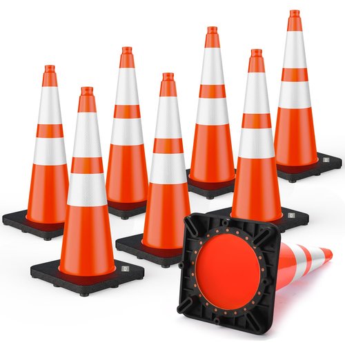 BATTIFE 28 Inch Traffic Cones with Black Weighted Base, PVC Orange Cones for Traffic Control, Construction Events, Driveways, and Parking Lots (8 Pack)