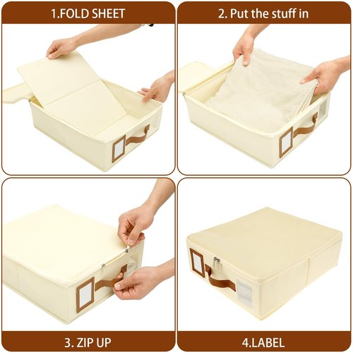 LGHWKETH 4Pcs Nonwoven Bed Sheet Storage Built in PP Board Easy to Categorize Bedding Sheet Organizer with Zipper Foldable for Home