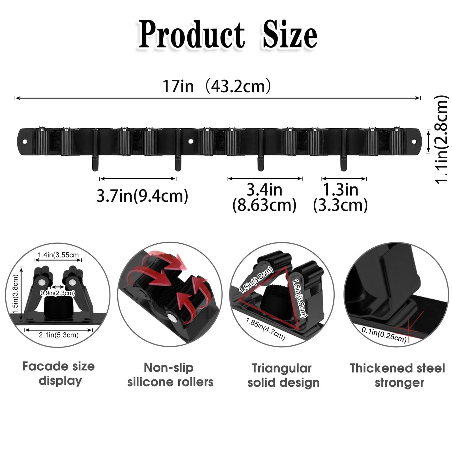 AceMining 2 Pack Black 5 Racks and 4 Hooks Mop and Broom Holder Wall Mount, Broom Organizer Storage Tool Racks Stainless Steel Heavy Duty Hooks Self Adhesive Solid Non-slip for Home Kitchen Garden