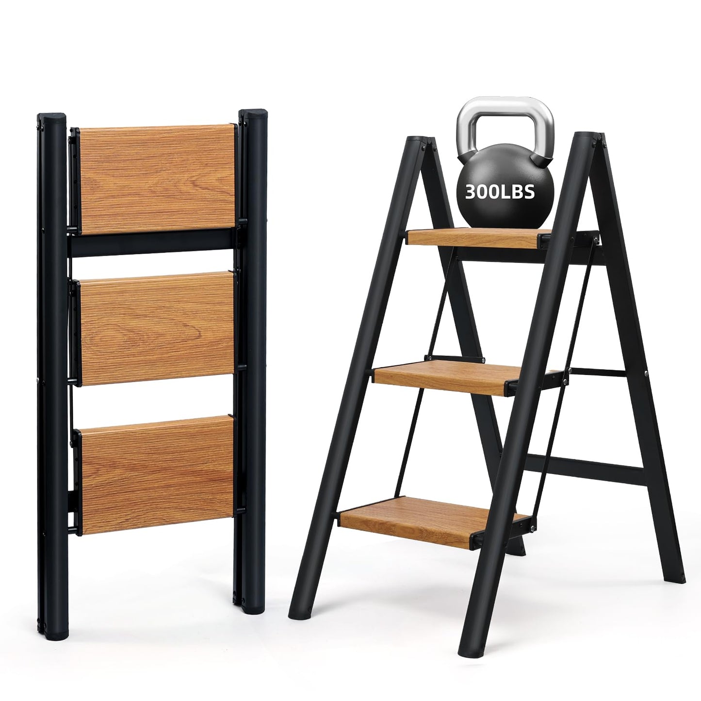 SOLADDER 3 Step Ladder, Anti-Slip and Lightweight Foldable Step Ladder for Adults & Kids to Use in Kitchen,Closet and Library,300lbs(Black+Woodgrain)