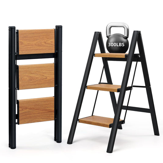 SOLADDER 3 Step Ladder, Anti-Slip and Lightweight Foldable Step Ladder for Adults & Kids to Use in Kitchen,Closet and Library,300lbs(Black+Woodgrain)