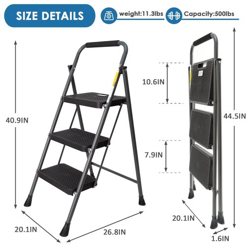 3 Step Ladder, GOLYTON Folding Step Stool with Anti-Slip Wide Pedal & Convenient Handgrip, 500lbs Capacity Steel Ladder for Household and Office, Grey